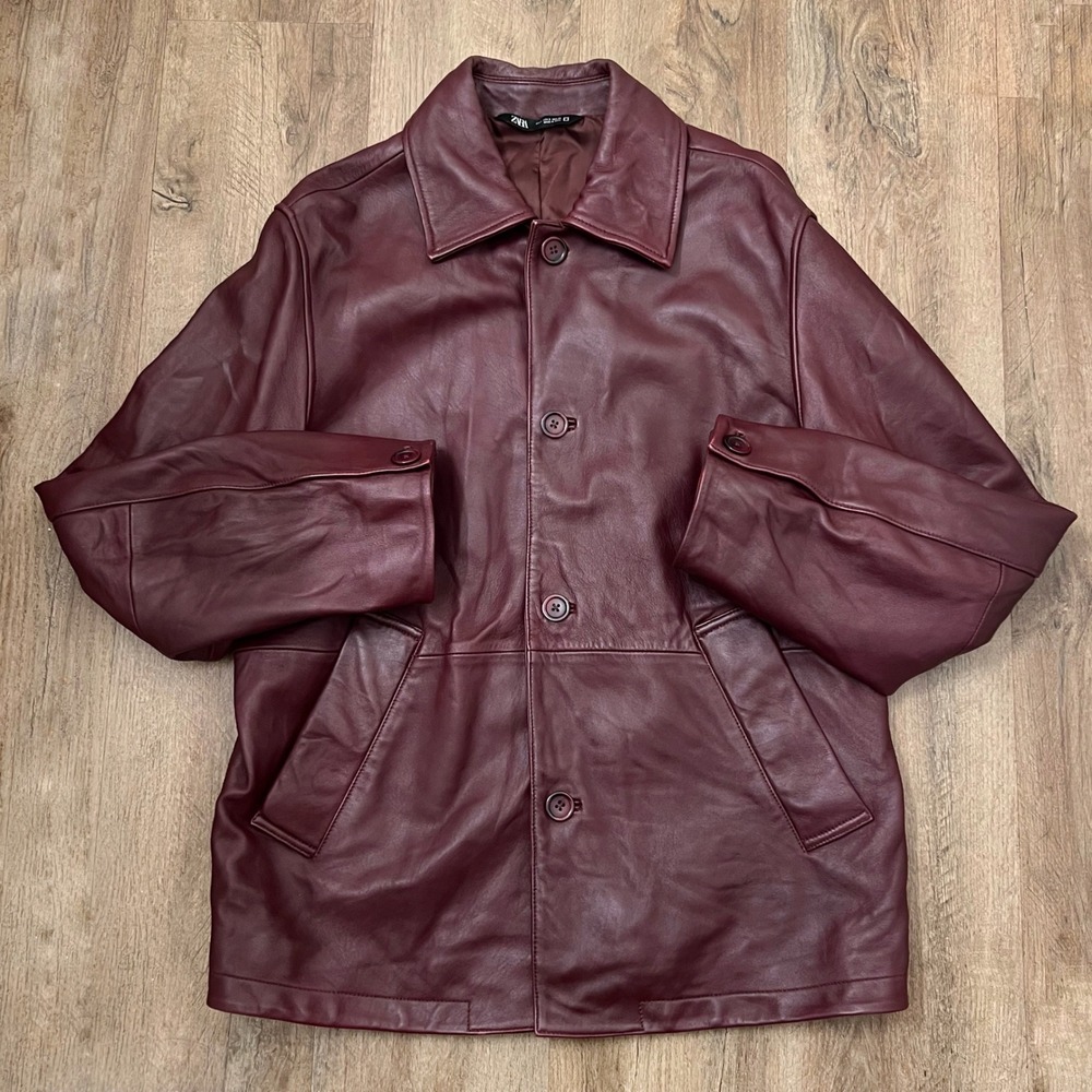Zara Men's Burgundy 100% Sheep Leather Button Front Jacket Vintage look Jacket S
